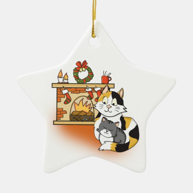 Cartoon Mother Cat and Kitten at Cosy Fireplace  Ceramic Ornament (Front)