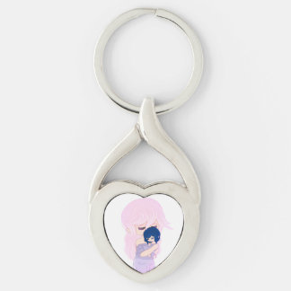 Cartoon Mother With Her Baby Girl Heart Keychain