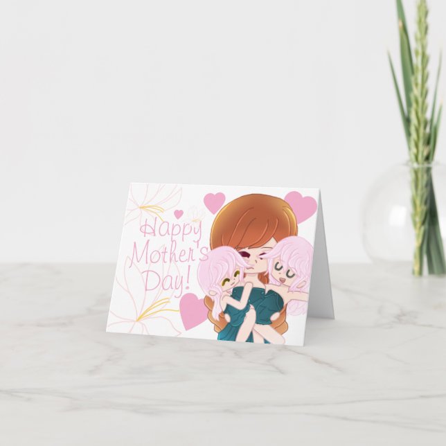 Cartoon Mother With Her Twins Card (Front)