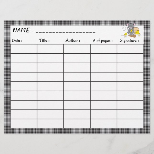 Cartoon mouse double-sided reading log sheet (Front)