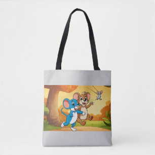 Cartoon Mouse Jumping on Lion – Funny Jungle Encou Tote Bag