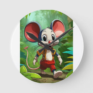 Cartoon Mouse Walking in the Jungle – Whimsical Ad Round Clock