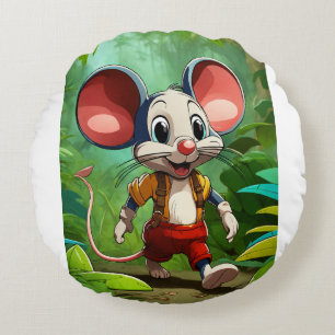 Cartoon Mouse Walking in the Jungle – Whimsical Ad Round Cushion