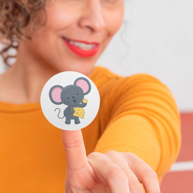 Cartoon Mouse with Cheese Adorable Animal Classic Round Sticker (Creator Uploaded)