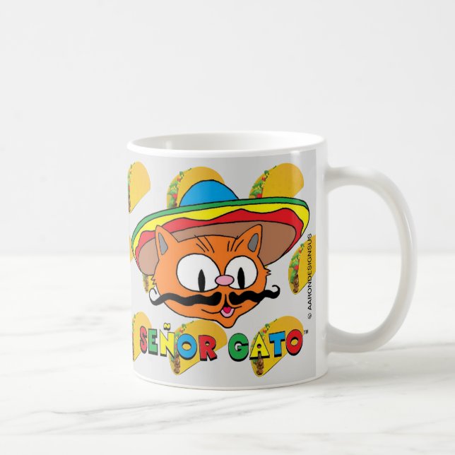 Cartoon Moustache Cat Senor Gato with Tacos Coffee Mug (Right)