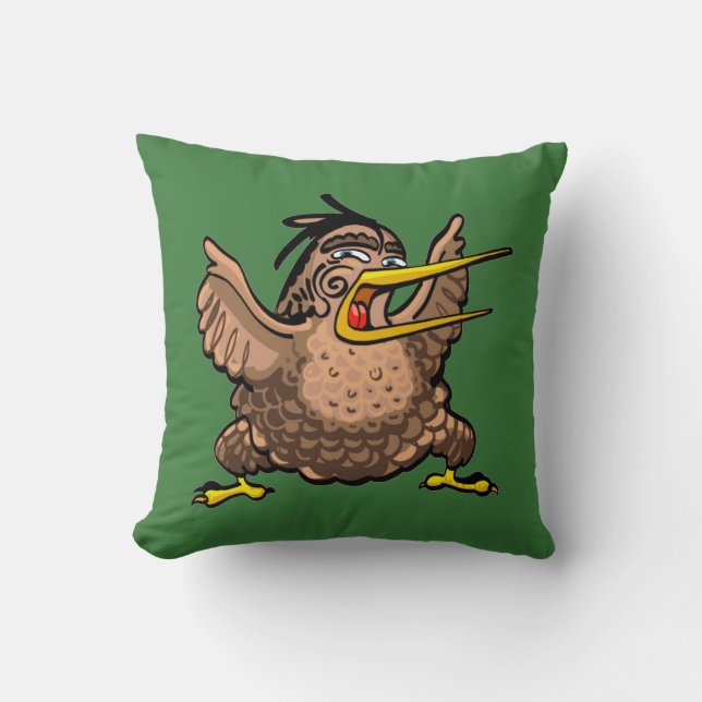Cartoon New Zealand Kiwi bird doing a Maori Haka Cushion (Front)