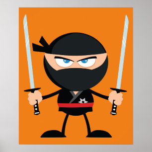 Cartoon Ninja Warrior With Two Katana Poster