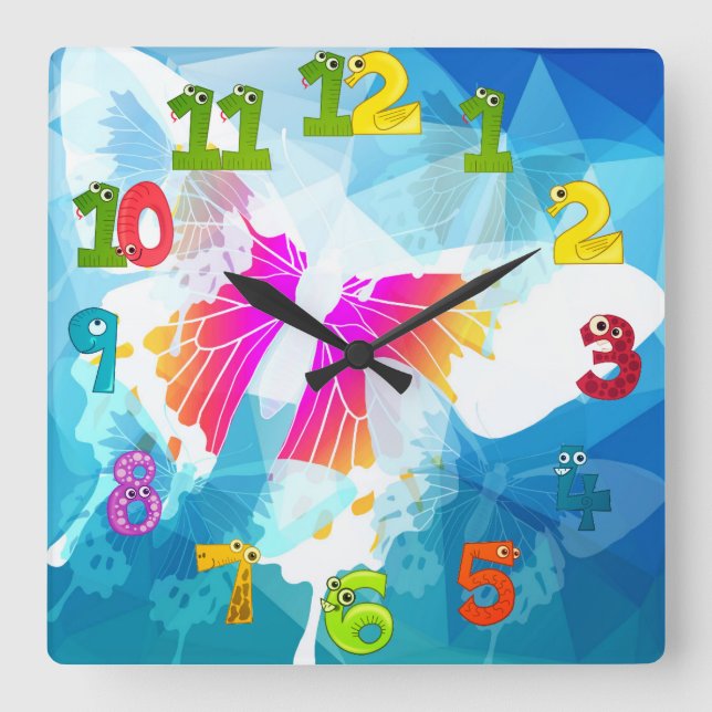Cartoon Numbers Summer Ethereal  Butterfly Beauty Square Wall Clock (Front)