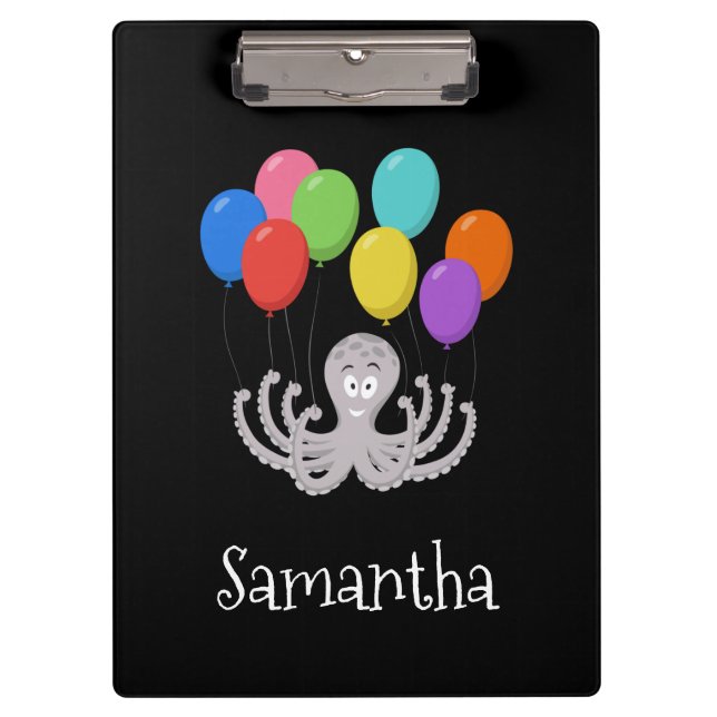 Cartoon Octopus Colourful Balloons Clipboard (Front)