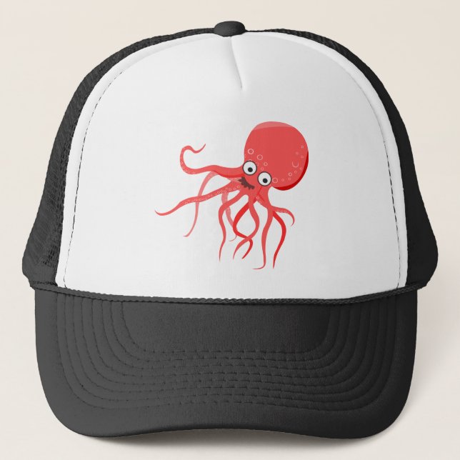 Cartoon octopus orange red sea trucker hat (Front)