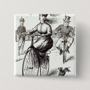 Cartoon of a Lady on a Velocipede, 1869 15 Cm Square Badge