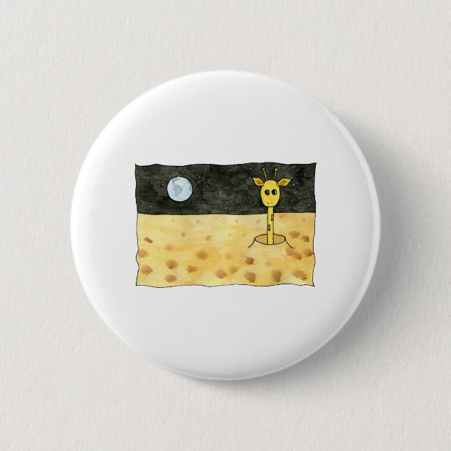 Cartoon of a lost giraffe. 6 cm round badge (Front)