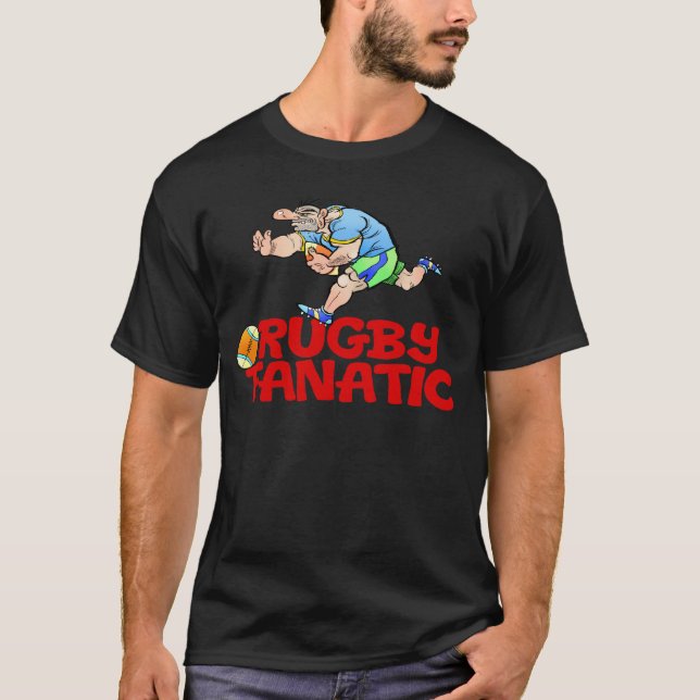 Cartoon of a Rugby player on a black tshirt. T-Shirt (Front)