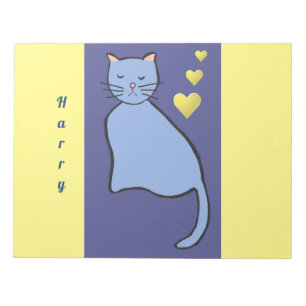 Cartoon of blue quiet cat with pink ears at school notepad