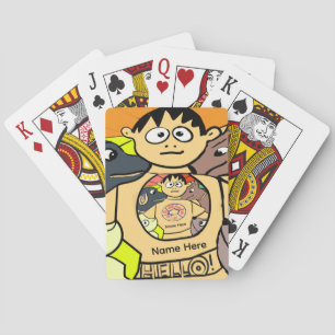 Cartoon of Curious Boy and His Cute Dog Mirroring Playing Cards
