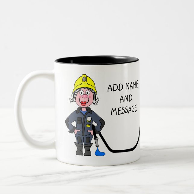 Cartoon of female Firefighter Two-Tone Coffee Mug (Left)