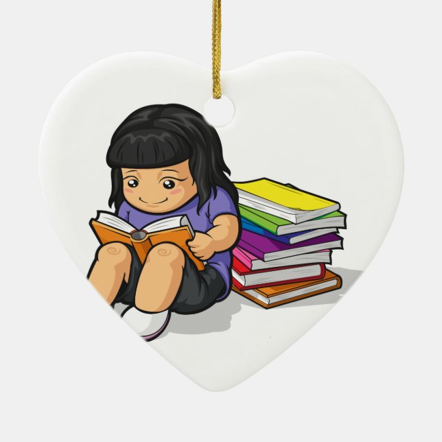 Cartoon of Girl Student Studying & Reading Book Ceramic Ornament (Back)