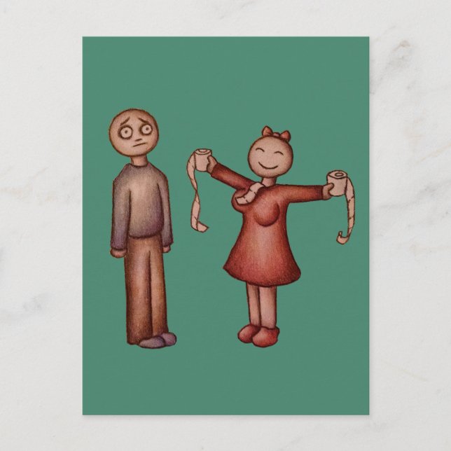 Cartoon of Girl Stuffing Shirt with Toilet Paper Postcard (Front)