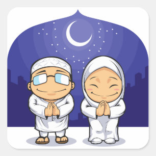 Cartoon of Muslim Man Woman Greeting Ramadan Square Sticker