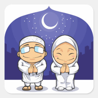 Cartoon of Muslim Man Woman Greeting Ramadan Square Sticker