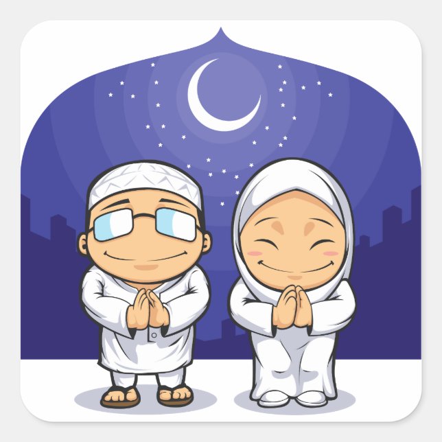 Cartoon of Muslim Man Woman Greeting Ramadan Square Sticker (Front)
