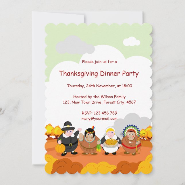 Cartoon of Pilgrim Fathers and American Indians, Invitation (Front)