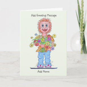 Cartoon of Woman Holding a Bunch of Flowers Card