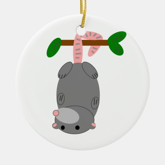 Cartoon Opossum/Possum Hanging Upside Down by Tail Ceramic Tree Decoration (Front)