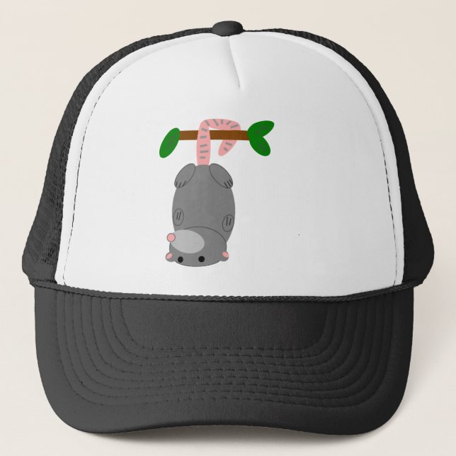 Cartoon Opossum/Possum Hanging Upside Down by Tail Trucker Hat (Front)