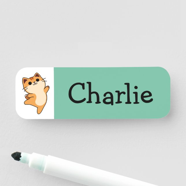 Cartoon Orange Cat, Custom, Green Name Tag (In Situ)
