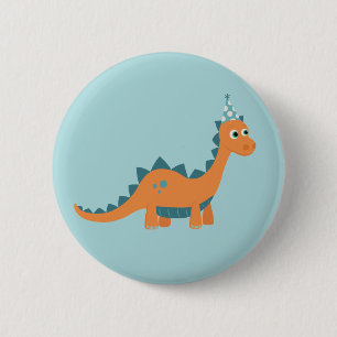 Cartoon orange dinosaur wearing party hat 6 cm round badge