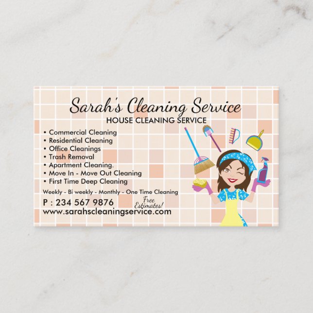 Cartoon Orange Maid Janitorial Lady House Cleaning Business Card (Front)