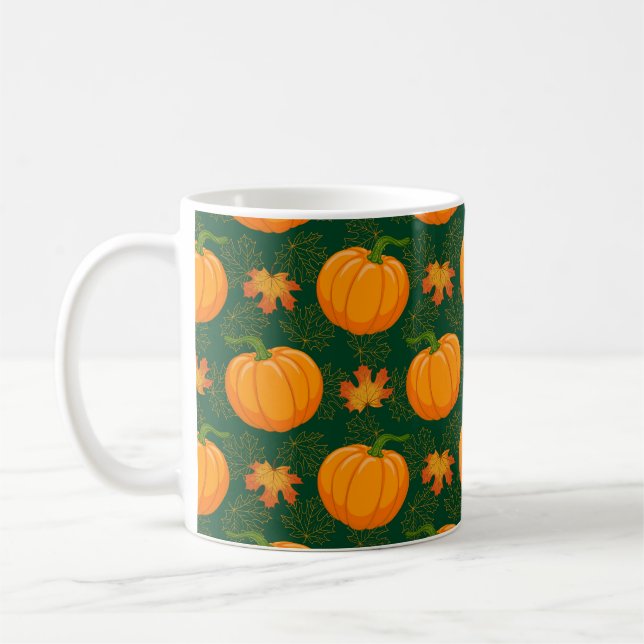 Cartoon orange Pumpkin and Autumn maple falling le Coffee Mug (Left)