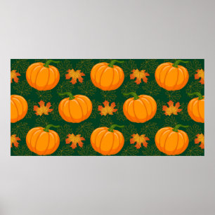 Cartoon orange Pumpkin and Autumn maple falling le Poster