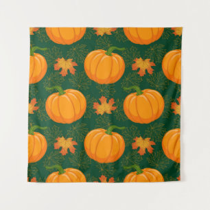 Cartoon orange Pumpkin and Autumn maple falling le Tapestry
