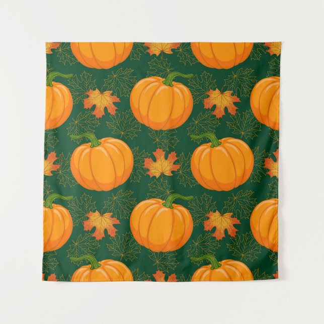 Cartoon orange Pumpkin and Autumn maple falling le Tapestry (Front)