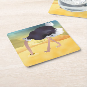 Cartoon Ostrich With Head In Sand Square Paper Coaster