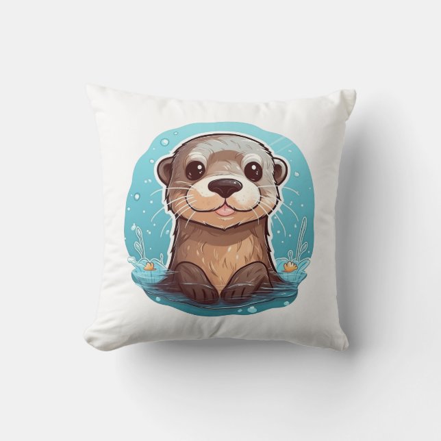 Cartoon otter illustration cushion (Front)