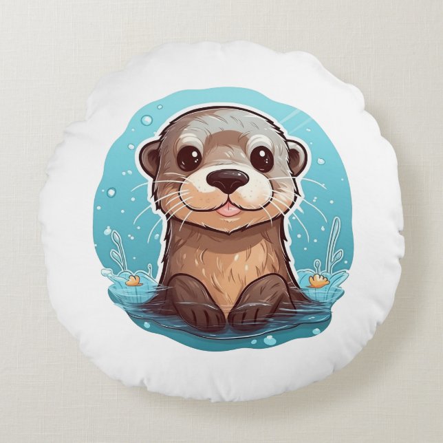 Cartoon otter illustration round cushion (Front)