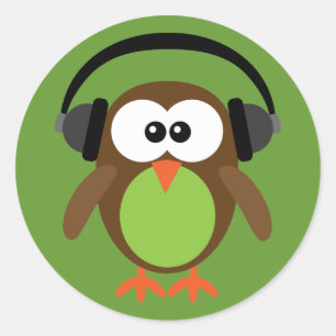 Cartoon Owl With Headphones Classic Round Sticker