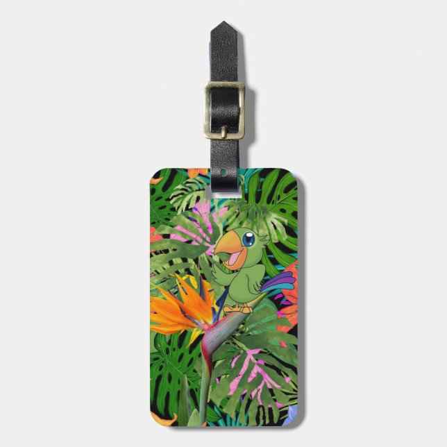 Cartoon Parrot, Palm Leaves - Personalised Luggage Tag (Front Vertical)