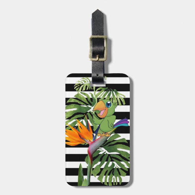 Cartoon Parrot, Palm Leaves, Stripes- Personalised Luggage Tag (Front Vertical)