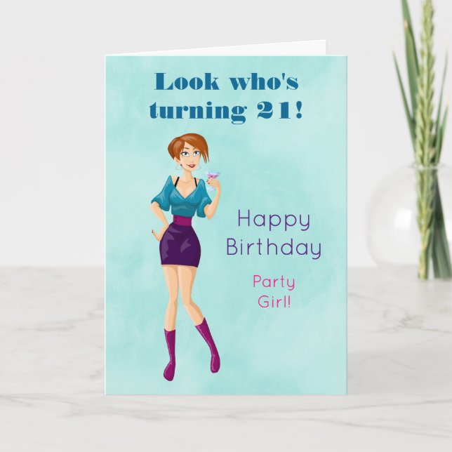 Cartoon Party Girl Holding Drink Happy Birthday Card (Front)