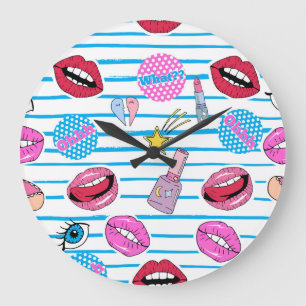 Cartoon patch badges: pop art. large clock