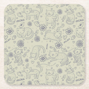 Cartoon pattern with funny cats square paper coaster