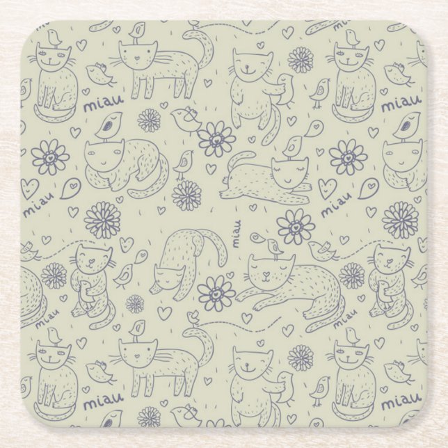 Cartoon pattern with funny cats square paper coaster (Front)