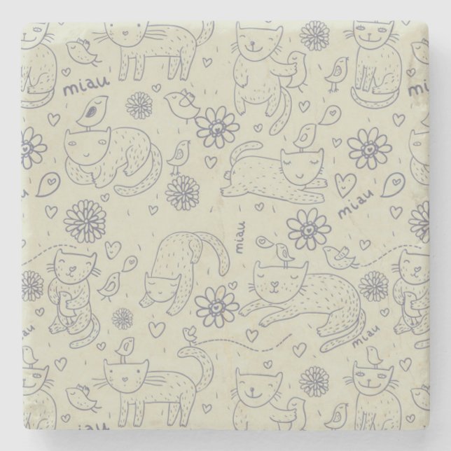 Cartoon pattern with funny cats stone coaster (Front)
