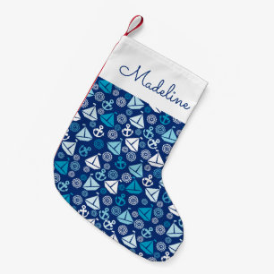 Cartoon Pattern With Sailboats Add Your Name Small Christmas Stocking