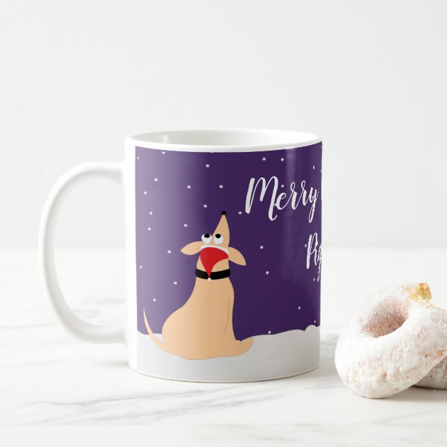 Cartoon peach dog Pig Dog in snow Christmas Coffee Mug (With Donut)