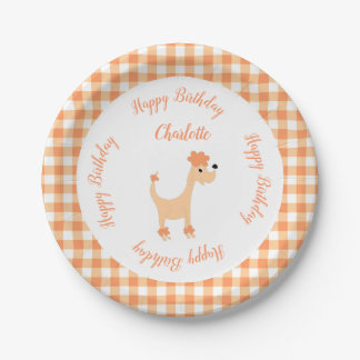 Cartoon peach poodle Posh Paws gingham birthday Paper Plate